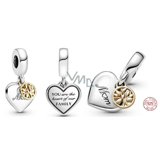 Charm Sterlingové stříbro 925 Strom života, srdce, máma, 2v1 přívěsek na náramek rodina