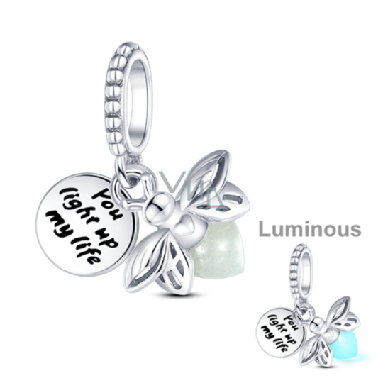 Charm Sterlingové stříbro 925 Světluška - Jsi světlo mého života, 2v1 zářící ve tmě luminozní luminozní přívěsek na náramek, zvíře