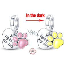 Charm Sterlingové stříbro 925 Kočka, Pes, Medvědí tlapka, 2v1 zářící ve tmě luminozní přívěsek na náramek mazlíček