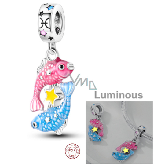 Charm Sterlingové stříbro 925 Znamení zvěrokruhu Ryby, zářící ve tmě luminozní přívěsek na náramek