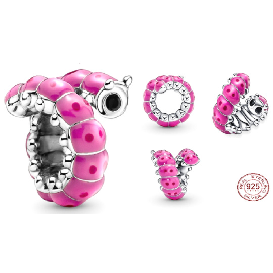 Charm Srebrna 925 Urocza skręcona gąsienica, koralik na bransoletkę zwierzę