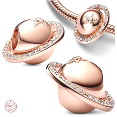 Charm Sterlingové stříbro 925 Planeta Saturn Jiskřivá hvězda s prstencem, korálek na náramek vesmír