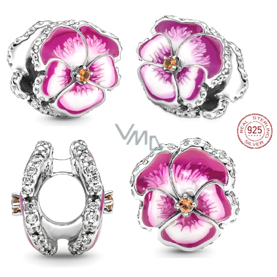 Charm Sterlingové stříbro 925 Růžová maceška, korálek na náramek květina Charm Sterlingové stříbro 925 Růžová maceška, korálek na náramek květina