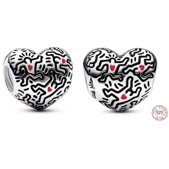Charm Sterlingové stříbro 925 Keith Haring srdce Umění linek a lidé, korálek na náramek symbol Charm Sterlingové stříbro 925 Keith Haring srdce Umění linek a lidé, korálek na náramek symbol