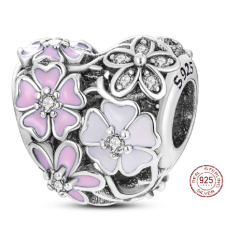 Charm Sterlingové stříbro 925 Poetické květy srdce, korálek na náramek láska