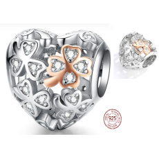 Charm Sterlingové stříbro 925 Milovaný čtyřlístek pro štěstí, korálek srdce na náramek láska
