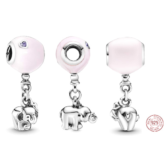 Charm Sterlingové stříbro 925 Slůně s růžovým balonkem, přívěsek na náramek rodina