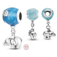 Zawieszka ze srebra próby 925 Słoń z niebieskim balonem, element do bransoletki rodzina