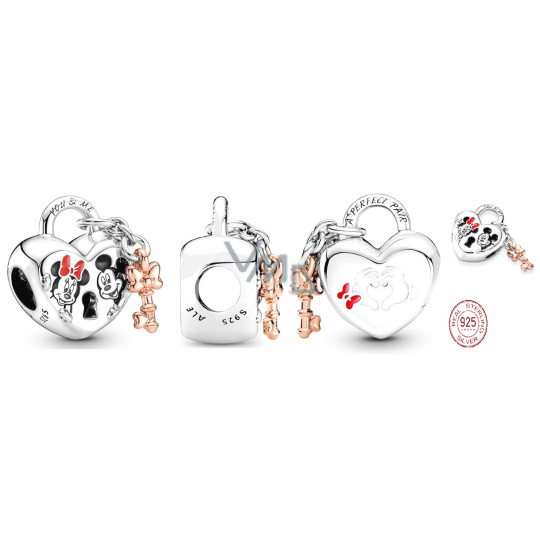 Charm Sterlingové stříbro 925 Disney Minnie Mouse & Mickey Mouse Visací zámek - věčná láska, korálek na náramek, láska Charm Sterlingové stříbro 925 Disney Minnie Mouse & Mickey Mouse Visací zámek - věčná láska, korálek na náramek, láska
