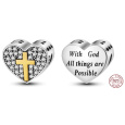 Charm Sterlingové stříbro 925 Náboženská kouzla Srdce, kříž, Bůh možností, korálek na náramek