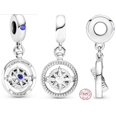 Charm Sterlingové stříbro 925 Rotující kompas se zirkony, přívěsek na náramek cestování