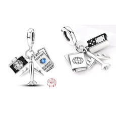 Zawieszka ze srebra próby 925 Paszport, samolot, aparat 3w1, charms do bransoletki podróżnej