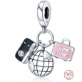 Charm Sterlingové stříbro 925 Zeměkoule, fotoaparát, růžový kufr 3v1, přívěsek na náramek cestování