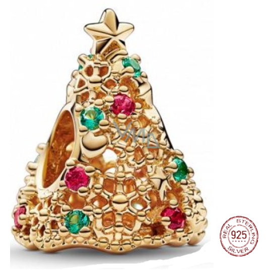 Charm Sterlingové stříbro 925 Třpytivý vánoční stromeček zlatý, korálek na náramek vánoce