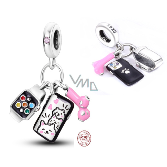 Charm Sterlingové stříbro 925 Telefon, sluchátka a chytré hodinky 3v1, přívěsek na náramek zájmy Charm Sterlingové stříbro 925 Telefon, sluchátka a chytré hodinky 3v1, přívěsek na náramek zájmy