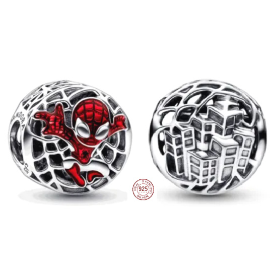 Zawieszka ze srebra próby 925 Marvel Spiderman nad miastem, koralik do bransoletki
