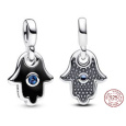 Charm Sterlingové stříbro 925 Ruka Fatimy, Hamsa - Mini Medailon s hvězdně modrým krystalem a černým smaltem, přívěsek na náramek symbol