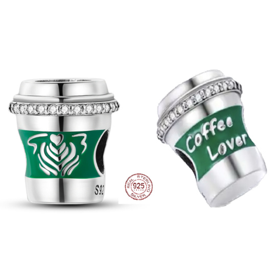 Charm Srebrny 925 dla miłośniczek kawy - Filiżanka do kawy, zawieszka na bransoletkę, jedzenie i picie