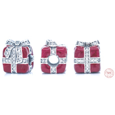 Charm Sterlingové stříbro 925 Dárek červený - překvapení s mašlí, korálek na náramek vánoce