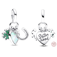 Charm Sterlingové stříbro 925 Sestra čtyřlístek pro štěstí, srdce a podkova 3v1, přívěsek na náramek rodina