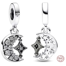 Charm Srebrny 925 Półksiężyc i obracająca się gwiazda, zawieszka na bransoletkę kosmos