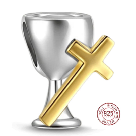 Charm Sterlingové stříbro 925 Náboženská kouzla Kalich a kříž - svaté přijímání,korálek na náramek náboženství Charm Sterlingové stříbro 925 Náboženská kouzla Kalich a kříž - svaté přijímání,korálek na náramek náboženství