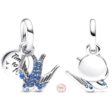 Charm Sterlingové stříbro 925 Třpytivá vlaštovka a citát, 2v1 přívěsek na náramek zvíře