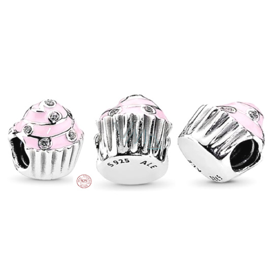 Charm Sterlingové stříbro 925 Sladký cupcake, korálek na náramek, jídlo a pití Charm Sterlingové stříbro 925 Sladký cupcake, korálek na náramek, jídlo a pití