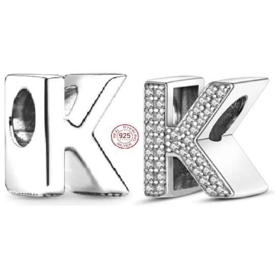 Charm Sterlingové stříbro 925 Abecední písmeno K, korálek na náramek