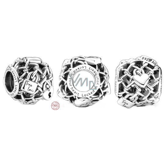 Charm Sterlingové stříbro korálek 925 Děrovaný pletivo s visacími zámky, korálek na náramek Láska Charm Sterlingové stříbro korálek 925 Děrovaný pletivo s visacími zámky, korálek na náramek Láska