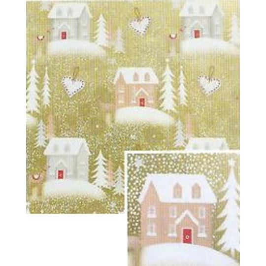 Nekupto Dárkový balicí papír vánoční 70 x 200 cm Zlatý, bílé stromky, šedé domečky