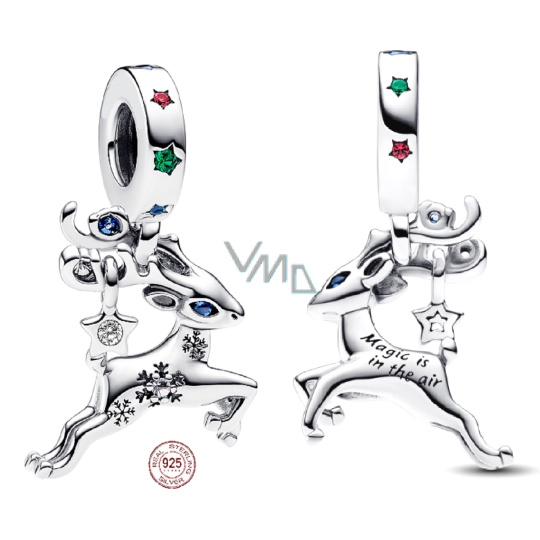 Charm Sterlingové stříbro 925 Rudolf, kouzelný vánoční sob, modré zirkony, přívěsek na náramek vánoce Charm Sterlingové stříbro 925 Rudolf, kouzelný vánoční sob, modré zirkony, přívěsek na náramek vánoce