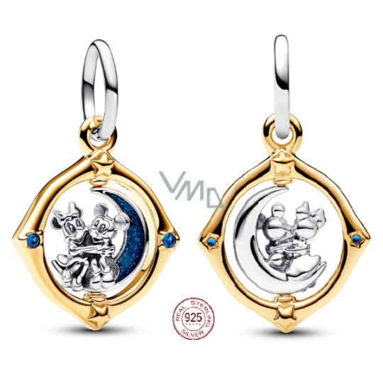 Charm Sterlingové stříbro 925 Disney Mickey Mouse & Minnie Mouse, otáčející se měsíc, přívěsek na náramek, film Charm Sterlingové stříbro 925 Disney Mickey Mouse & Minnie Mouse, otáčející se měsíc, přívěsek na náramek, film