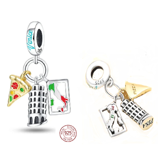 Charm Sterlingové stříbro 925 Itálie Pisa - šikmá věž, 3v1 přívěsek na náramek cestování
