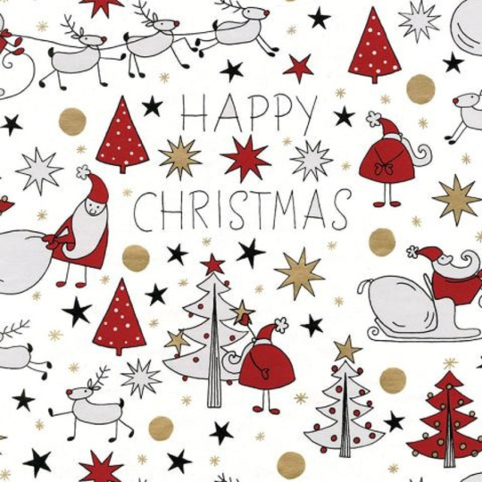 Präsenta Dárkový balící papír 70 x 200 cm Vánoční bílý - sob, skřítek, stromky