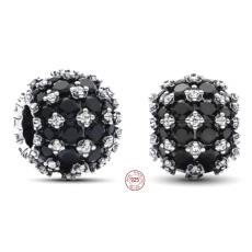 Charm Sterlingové stříbro 925 Třpytivé kulaté černé kouzlo Pavé, korálek na náramek symbol