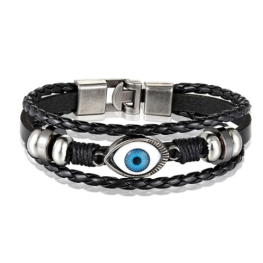 Kožený vícevrstvý náramek hnědý, symbol modré oko, nastavitelná velikost