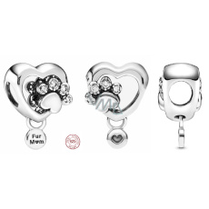 Charm Sterlingové stříbro 925 Tlapka a srdce, korálek na náramek mazlíček