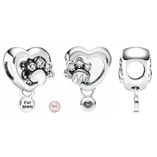 Charm Sterlingové stříbro 925 Tlapka a srdce, korálek na náramek mazlíček