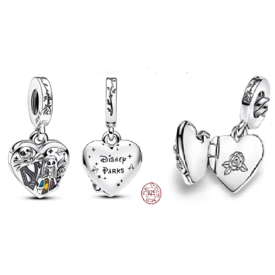 Charm Sterlingové stříbro 925 Tim Burton, Noční můra před Vánoci, Sally a Jack medailon, přívěsek na náramek film