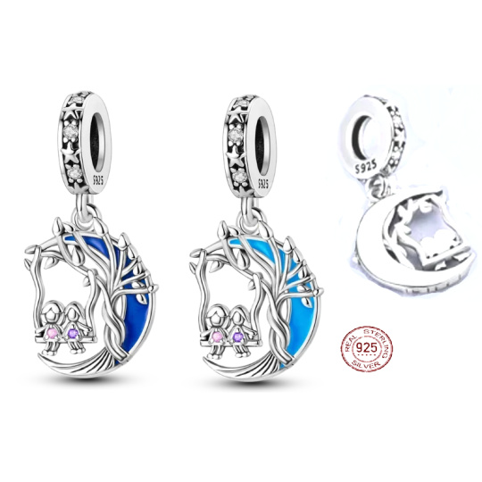 Charm Sterlingové stříbro 925 Rodinné kořeny, dvě sestry a půlměsíc  zářící ve tmě, luminozní přívěsek na náramek rodina