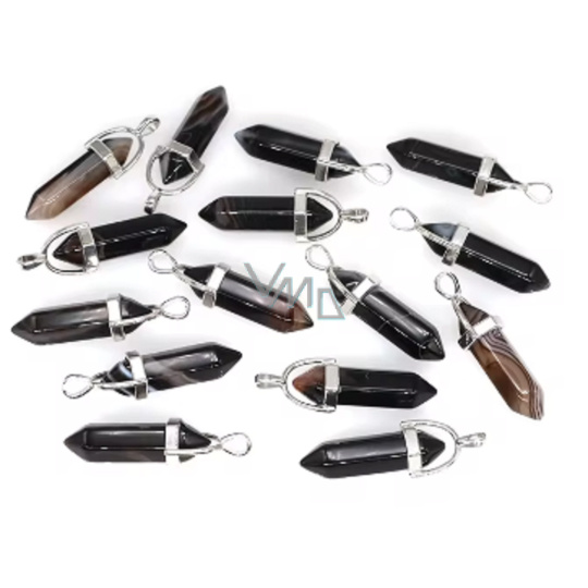 Achát černý Kyvadlo šestihran přívěsek přírodní kámen 41 x 13 mm, ručně vyřezávaný, dodává odvahu a sílu, 1 kus Achát černý Kyvadlo šestihran přívěsek přírodní kámen 41 x 13 mm, ručně vyřezávaný, dodává odvahu a sílu, 1 kus