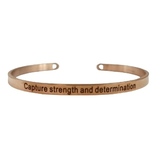 Nerezová ocel náramek růžové zlato s gravírováním Zachytit sílu a odhodlání, otevřená manžeta, 4 mm Nerezová ocel náramek růžové zlato s gravírováním Zachytit sílu a odhodlání, otevřená manžeta, 4 mm