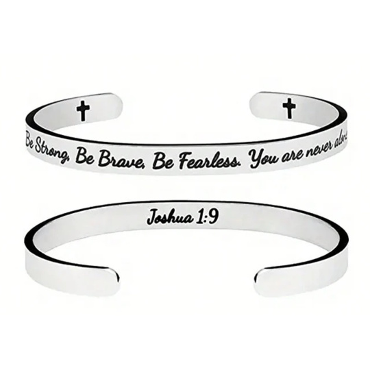 Nerezová ocel náramek stříbrný s gravírováním Buď silný, buď statečný..., otevřená manžeta, 6 mm
