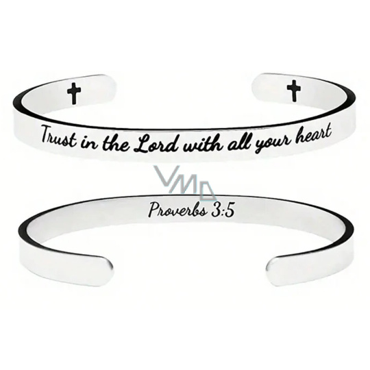 Nerezová ocel náramek stříbrný s gravírováním Věř v Boha..., otevřená manžeta, 6 mm Nerezová ocel náramek stříbrný s gravírováním Věř v Boha..., otevřená manžeta, 6 mm