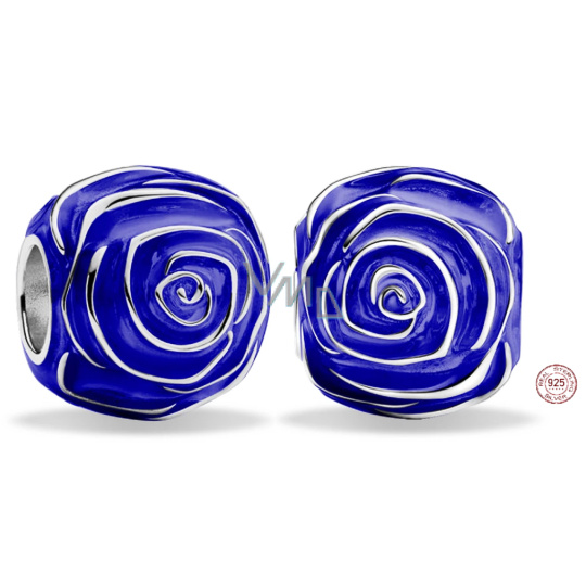 Charm Sterlingové stříbro 925 Modrá růže v květu, korálek na náramek květina