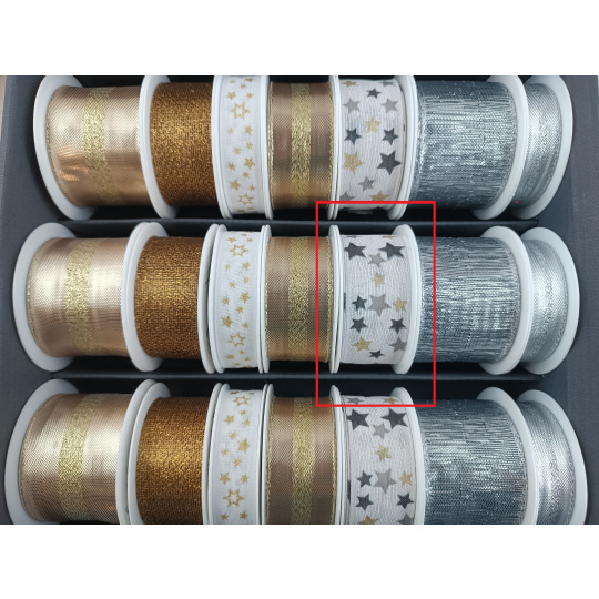 Nekupto Stuha látková vánoční Bílá zlaté, šedé hvězdičky 25 mm x 2,5 m