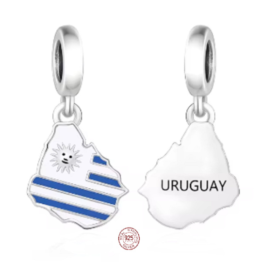 Charm Sterlingové stříbro 925 Uruguay vlajka - houpající se mapa, přívěsek na náramek cestování Charm Sterlingové stříbro 925 Uruguay vlajka - houpající se mapa, přívěsek na náramek cestování