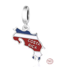 Charm Sterlingové stříbro 925 Kostarika vlajka - houpající se mapa, přívěsek na náramek cestování
