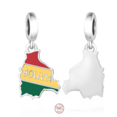 Charm Sterlingové stříbro 925 Bolívie vlajka - houpající se mapa, přívěsek na náramek cestování